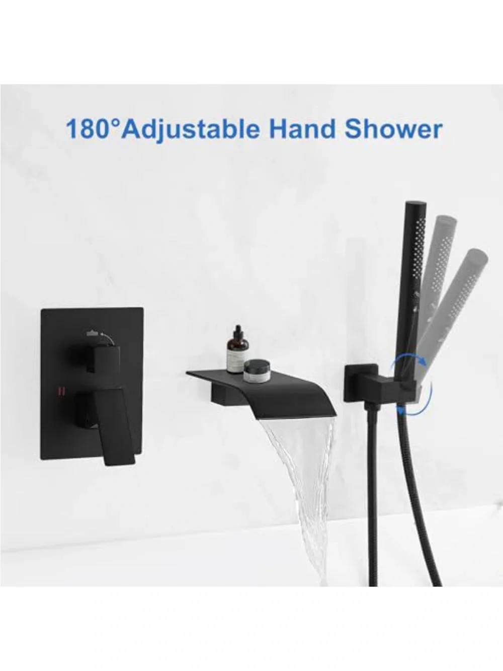 Matte Black Waterfall Bathtub Faucet with Hand Shower and Shelf